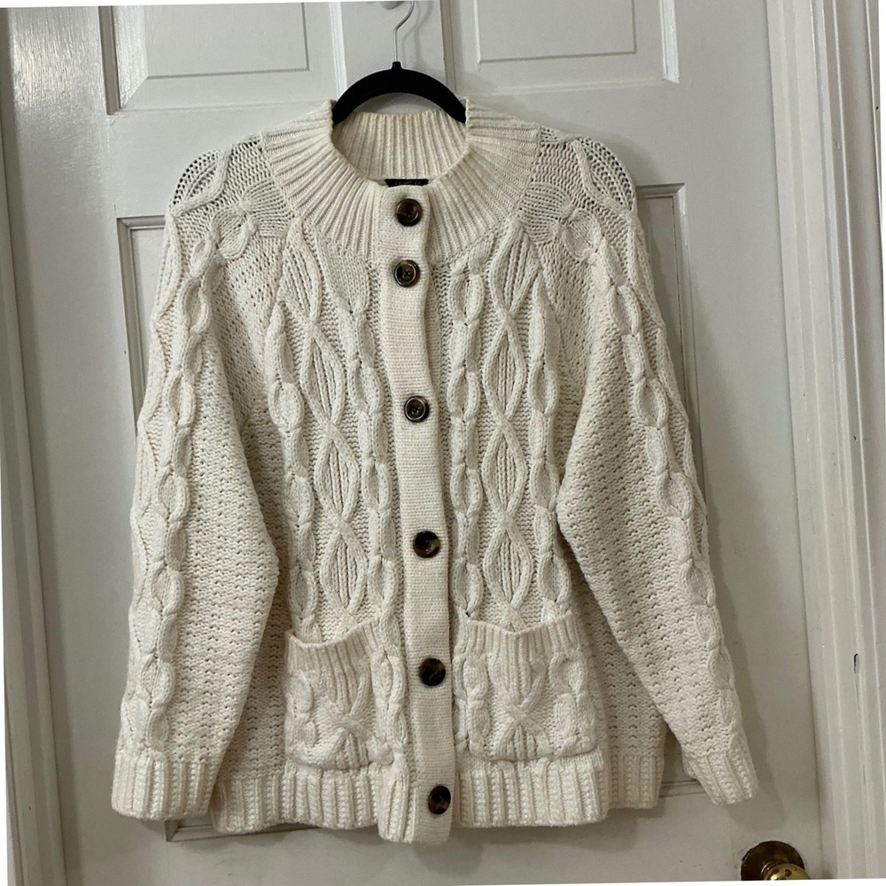 Talbots Fisherman Cable Knit Cardigan Sweater 1X Cotton Blend Classic Academia